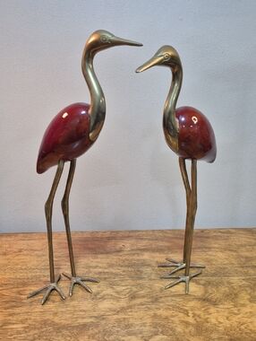 VINTAGE Rosewood and Brass Decorative Crane Heron Sculptures, Set of 2